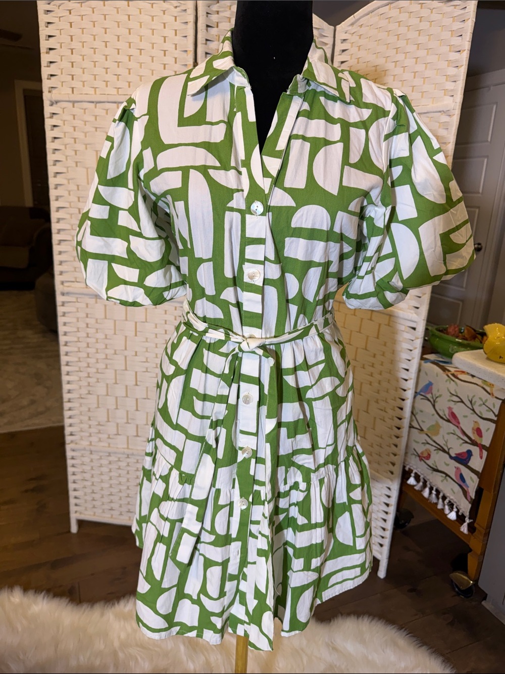 Jessica Simpson Green & White Abstract Shirt Dress with Belt